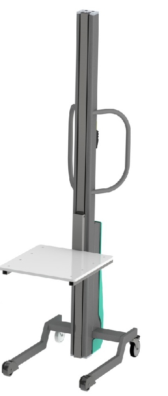 Lille elektrisk lift til 150 kg. Vist med platform. Kan monteres med rullevender
