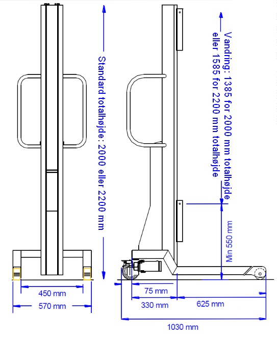 lille lift til 150 kg. Vist med platform. f.eks til lagerplukning